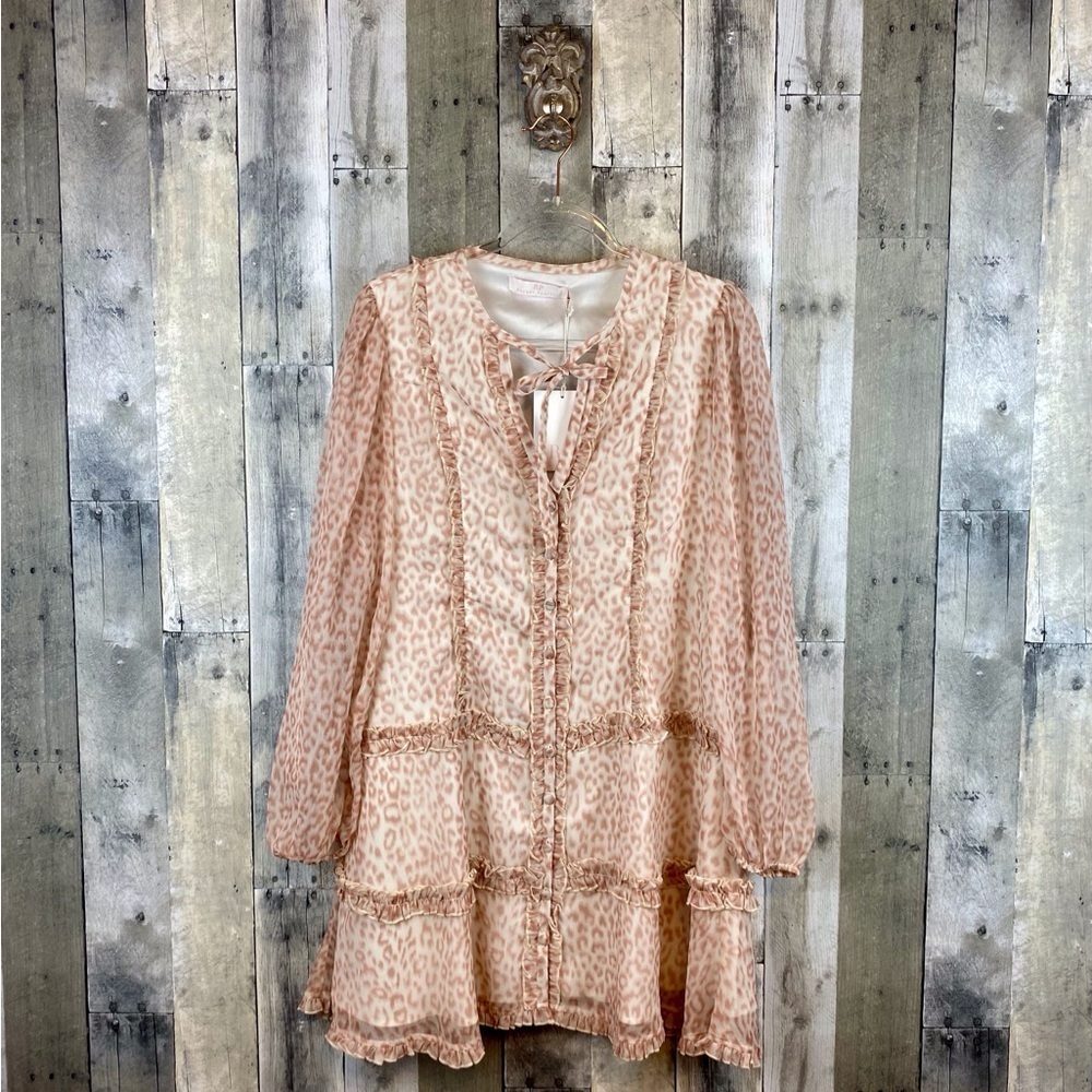 NWT Rachel Parcell Lace Sleeve Ruffle Mini Dress in Pink Leopard Size Large. - Picture 2 of 11